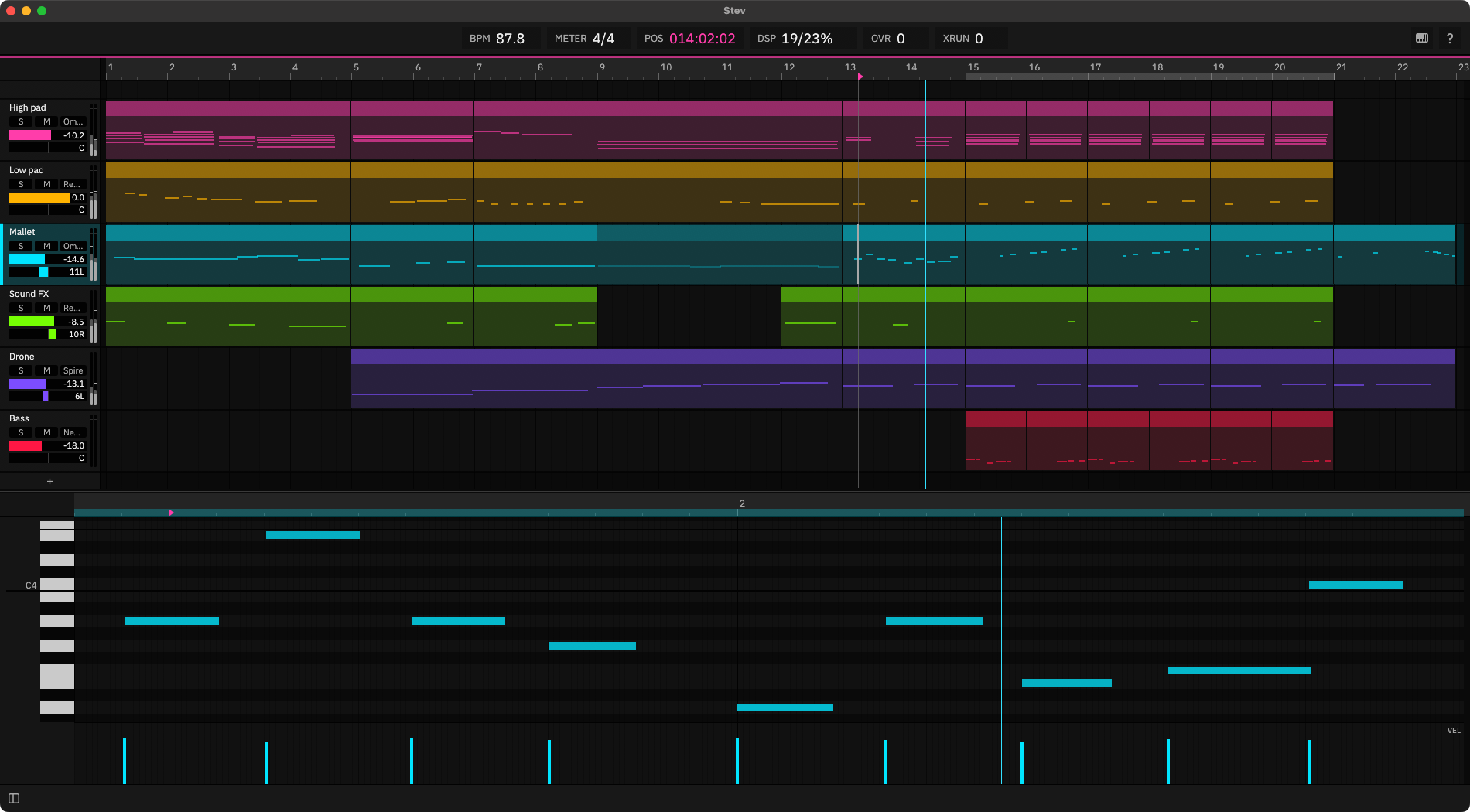 Stev: six tracks of captured clips in the arranger, with the clip panel open on a mallet part